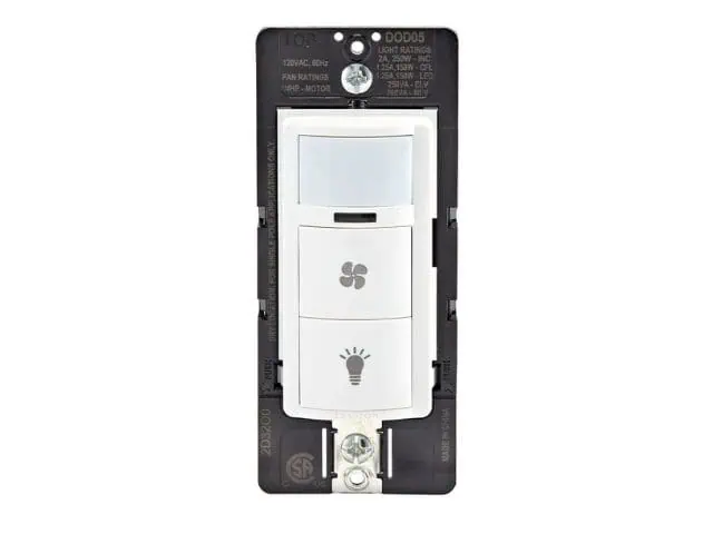 Leviton Decora In-Wall Combination Occupancy Sensor with Fan Switch Single Pole DOD05-002-1LW installed by Buckmasters Electric in Rockwall TX