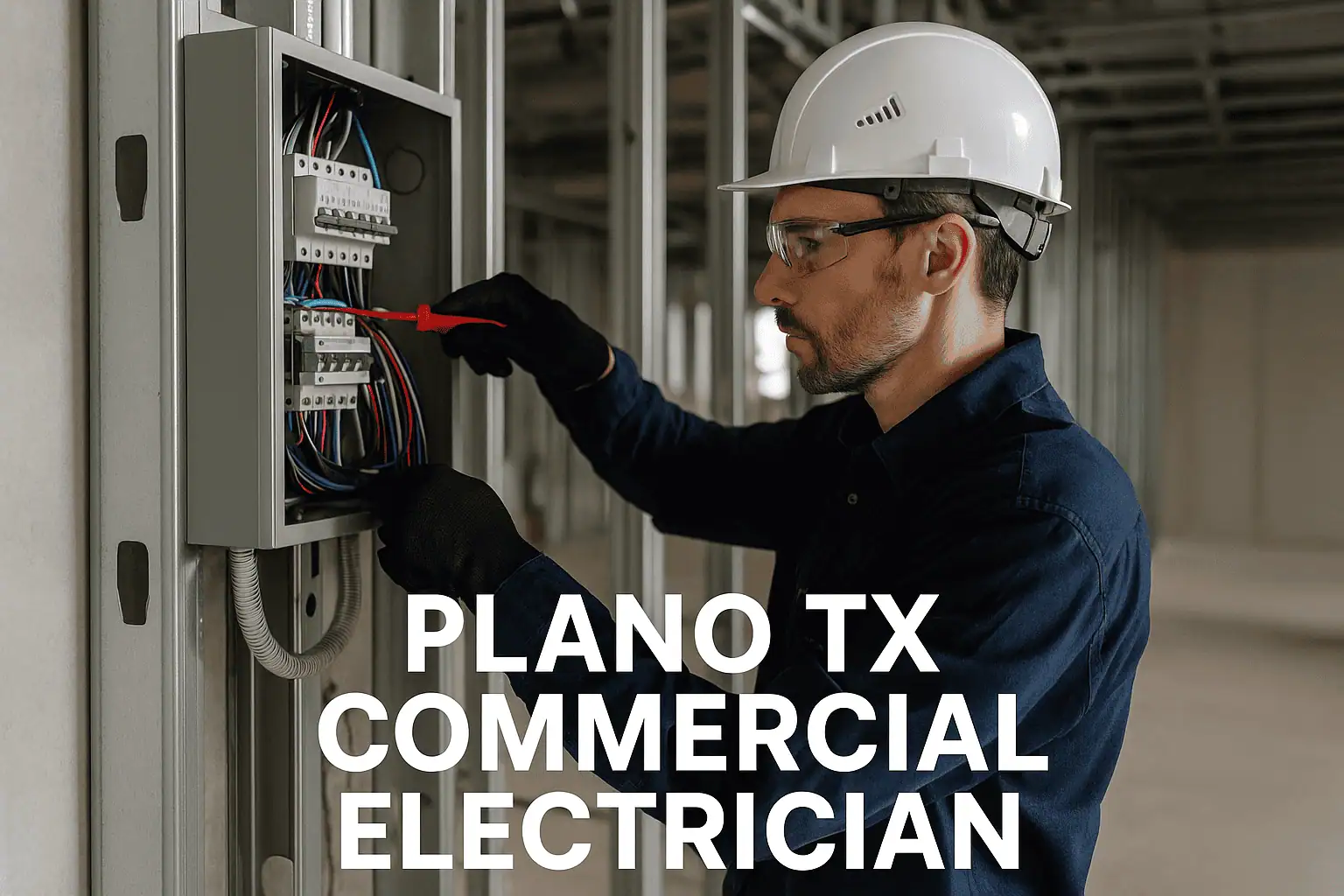 Commercial Electrician in Plano Texas working on a breaker box.
